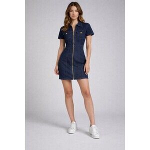 Guess Denim Zip Front Mini Dress Dark Wash Short Sleeve Fitted Dress Small